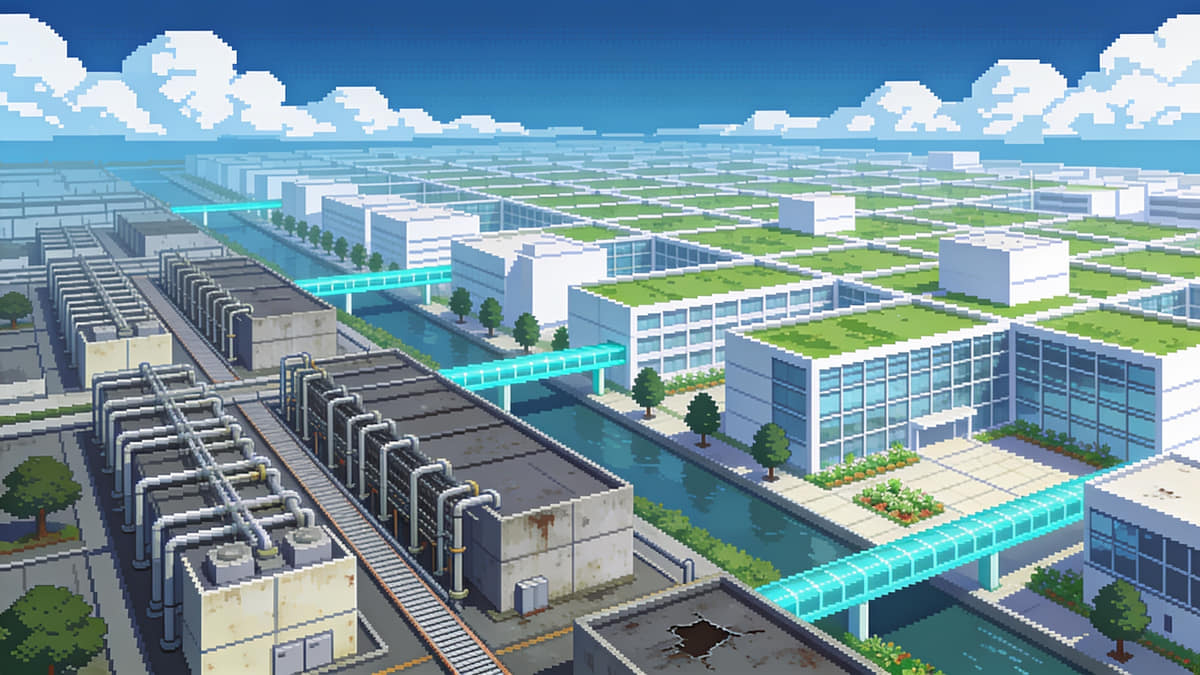 Pixel-art scene: an orderly older utility plant of concrete blocks and neat parallel pipework giving way to a bright modular campus of clean blocks, green roofs and deliberate glowing spans