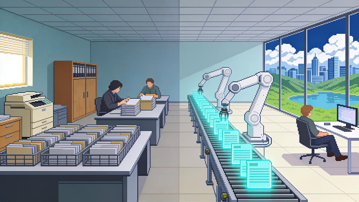 Pixel-art scene: one room where a tidy back-office of neatly filed paper gives way to a calm automated line, with a single person watching the work run itself